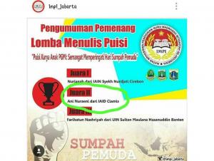 Mahasiswa Prodi PGMI IAID Ciamis berhasil menjadi Juara II  dalam Lomba Menulis Mahasiswa Se Jawa Barat, Banten dan DKI Jakarta, yang diselenggarakan oleh IMPI DKI Jakarta